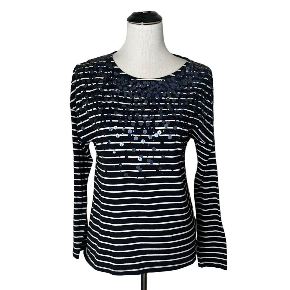 Tommy Hilfiger Sequin Top Blue White Striped Preppy Women S Long Sleeve Nautical